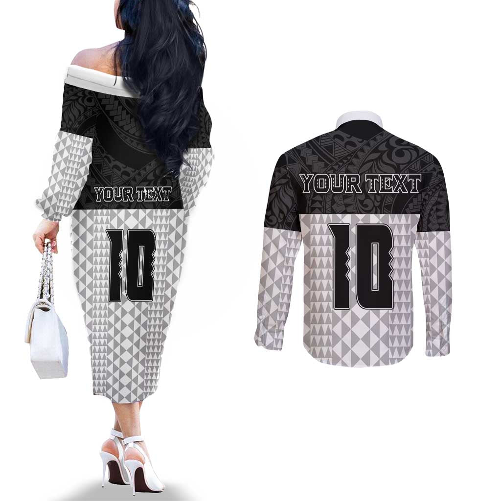 Custom Hawaii Volleyball-Kakau Motif Grayscale Color Couples Matching Off The Shoulder Long Sleeve Dress and Long Sleeve Button Shirt LT03 - Polynesian Pride