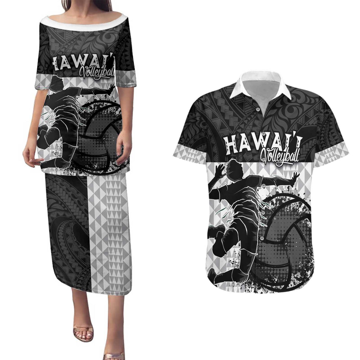 Custom Hawaii Volleyball-Kakau Motif Grayscale Color Couples Matching Puletasi and Hawaiian Shirt LT03 Black - Polynesian Pride