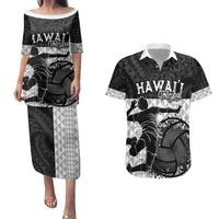 Custom Hawaii Volleyball-Kakau Motif Grayscale Color Couples Matching Puletasi and Hawaiian Shirt LT03 Black - Polynesian Pride
