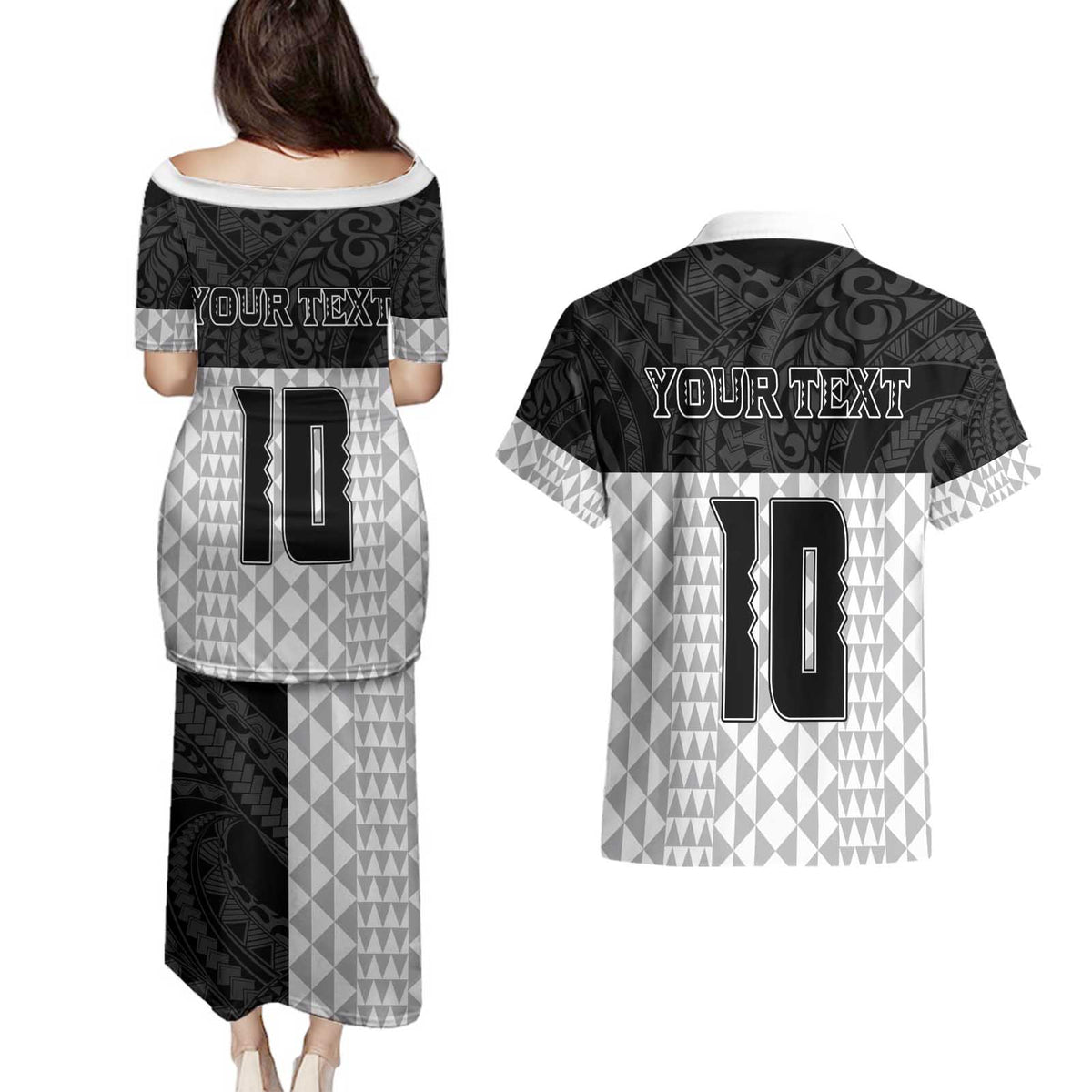Custom Hawaii Volleyball-Kakau Motif Grayscale Color Couples Matching Puletasi and Hawaiian Shirt LT03 - Polynesian Pride