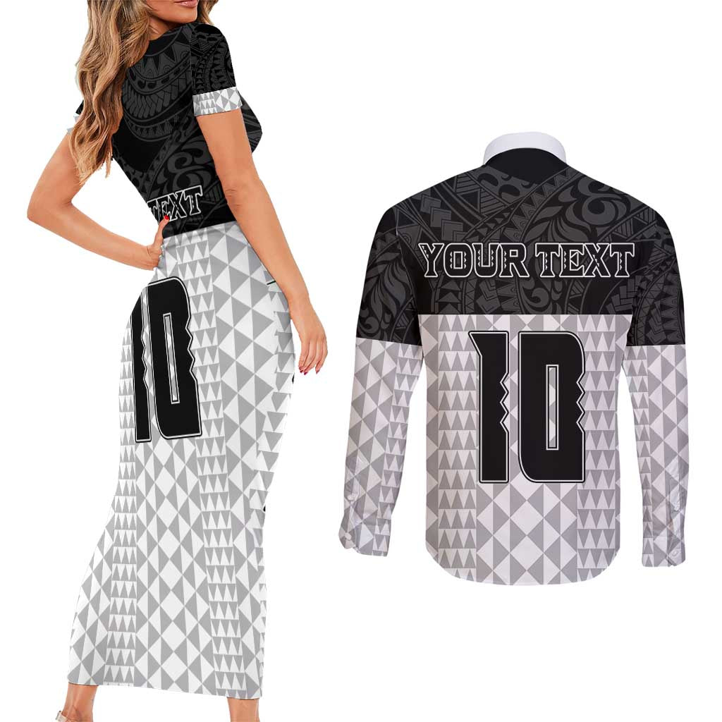 Custom Hawaii Volleyball-Kakau Motif Grayscale Color Couples Matching Short Sleeve Bodycon Dress and Long Sleeve Button Shirt LT03 - Polynesian Pride