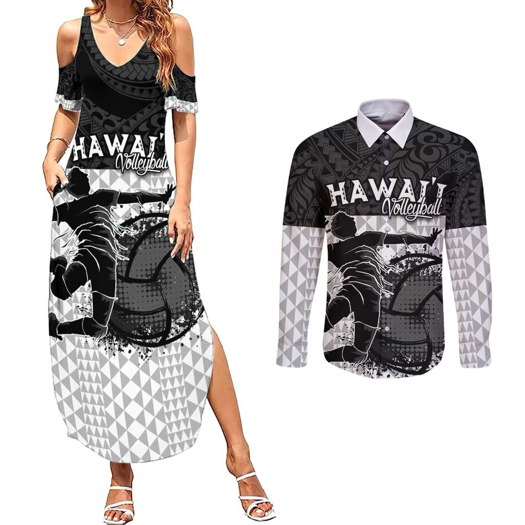 Custom Hawaii Volleyball-Kakau Motif Grayscale Color Couples Matching Summer Maxi Dress and Long Sleeve Button Shirt LT03 Black - Polynesian Pride