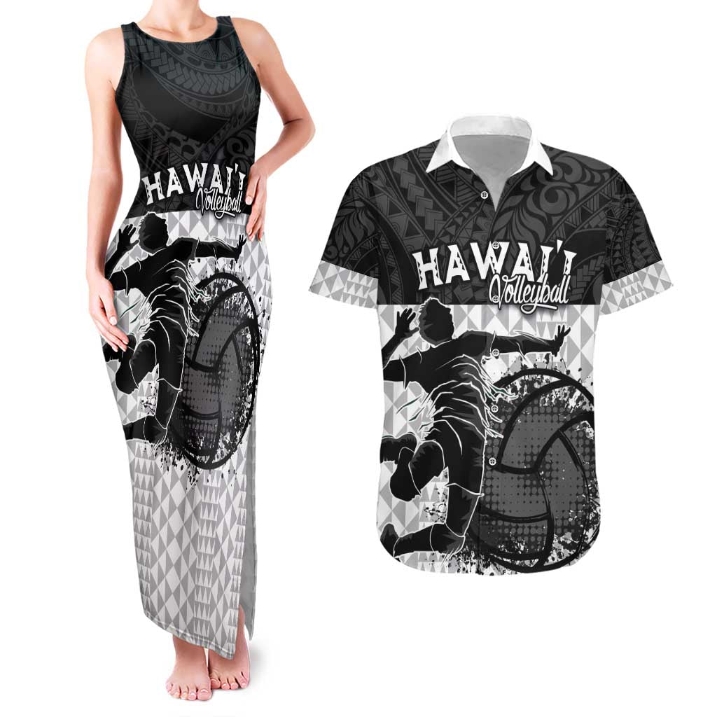 Custom Hawaii Volleyball-Kakau Motif Grayscale Color Couples Matching Tank Maxi Dress and Hawaiian Shirt LT03 Black - Polynesian Pride
