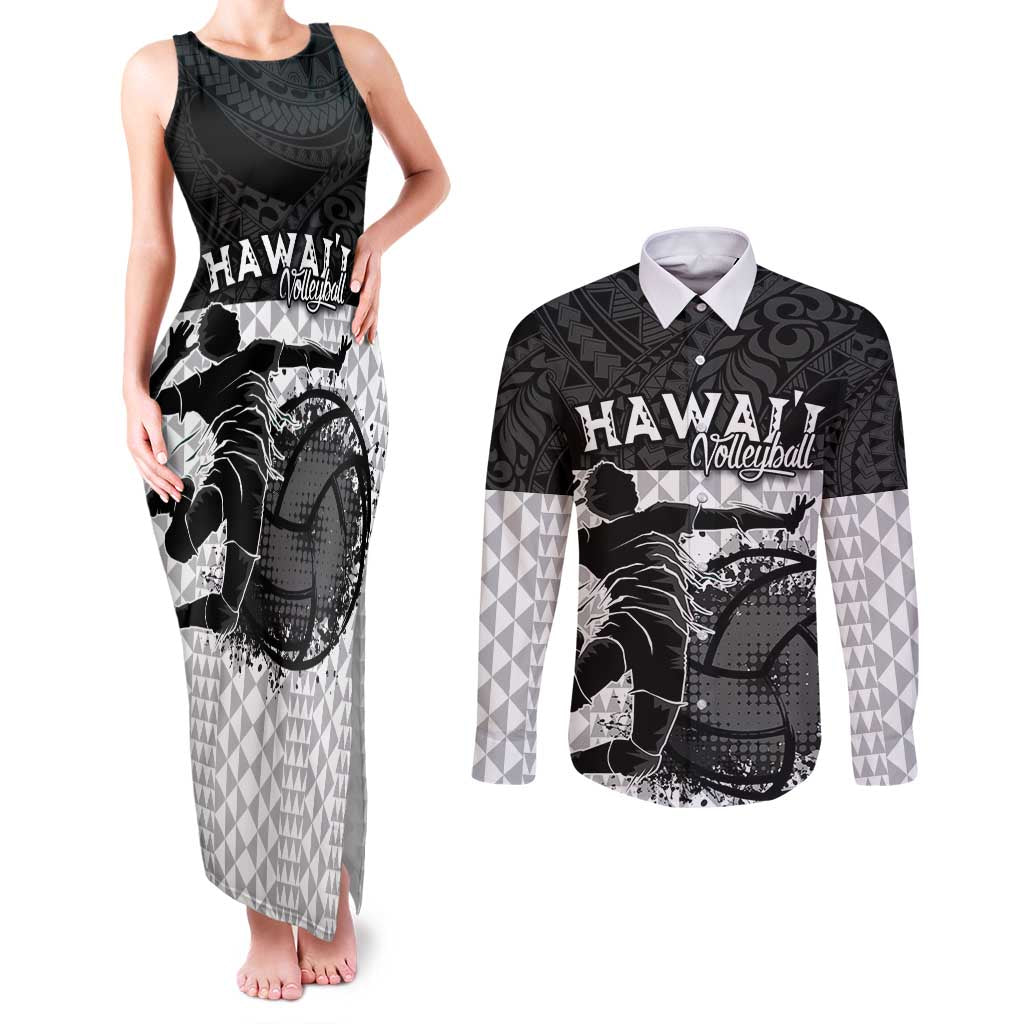 Custom Hawaii Volleyball-Kakau Motif Grayscale Color Couples Matching Tank Maxi Dress and Long Sleeve Button Shirt LT03 Black - Polynesian Pride