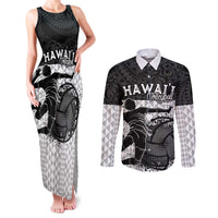 Custom Hawaii Volleyball-Kakau Motif Grayscale Color Couples Matching Tank Maxi Dress and Long Sleeve Button Shirt LT03 Black - Polynesian Pride