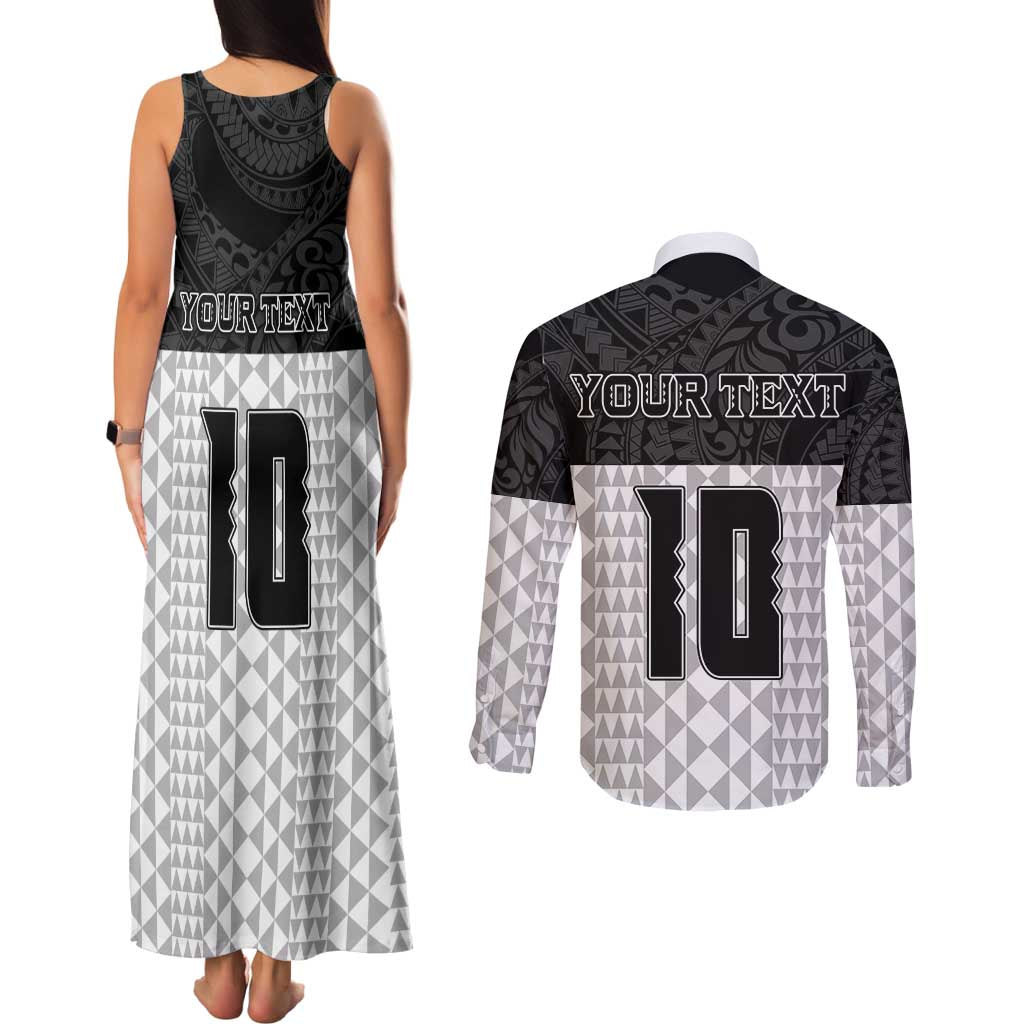 Custom Hawaii Volleyball-Kakau Motif Grayscale Color Couples Matching Tank Maxi Dress and Long Sleeve Button Shirt LT03 - Polynesian Pride