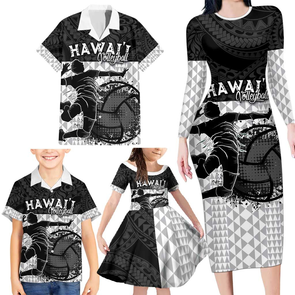 Custom Hawaii Volleyball-Kakau Motif Grayscale Color Family Matching Long Sleeve Bodycon Dress and Hawaiian Shirt LT03 - Polynesian Pride