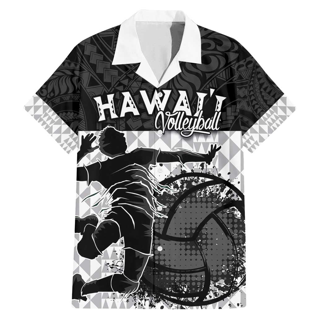 Custom Hawaii Volleyball-Kakau Motif Grayscale Color Family Matching Mermaid Dress and Hawaiian Shirt LT03 Dad's Shirt - Short Sleeve Black - Polynesian Pride