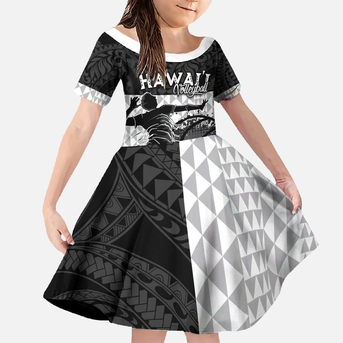 Custom Hawaii Volleyball-Kakau Motif Grayscale Color Family Matching Off The Shoulder Long Sleeve Dress and Hawaiian Shirt LT03 Daughter's Dress Black - Polynesian Pride