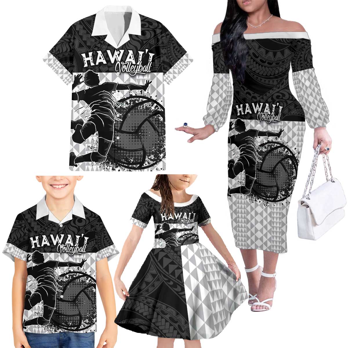 Custom Hawaii Volleyball-Kakau Motif Grayscale Color Family Matching Off The Shoulder Long Sleeve Dress and Hawaiian Shirt