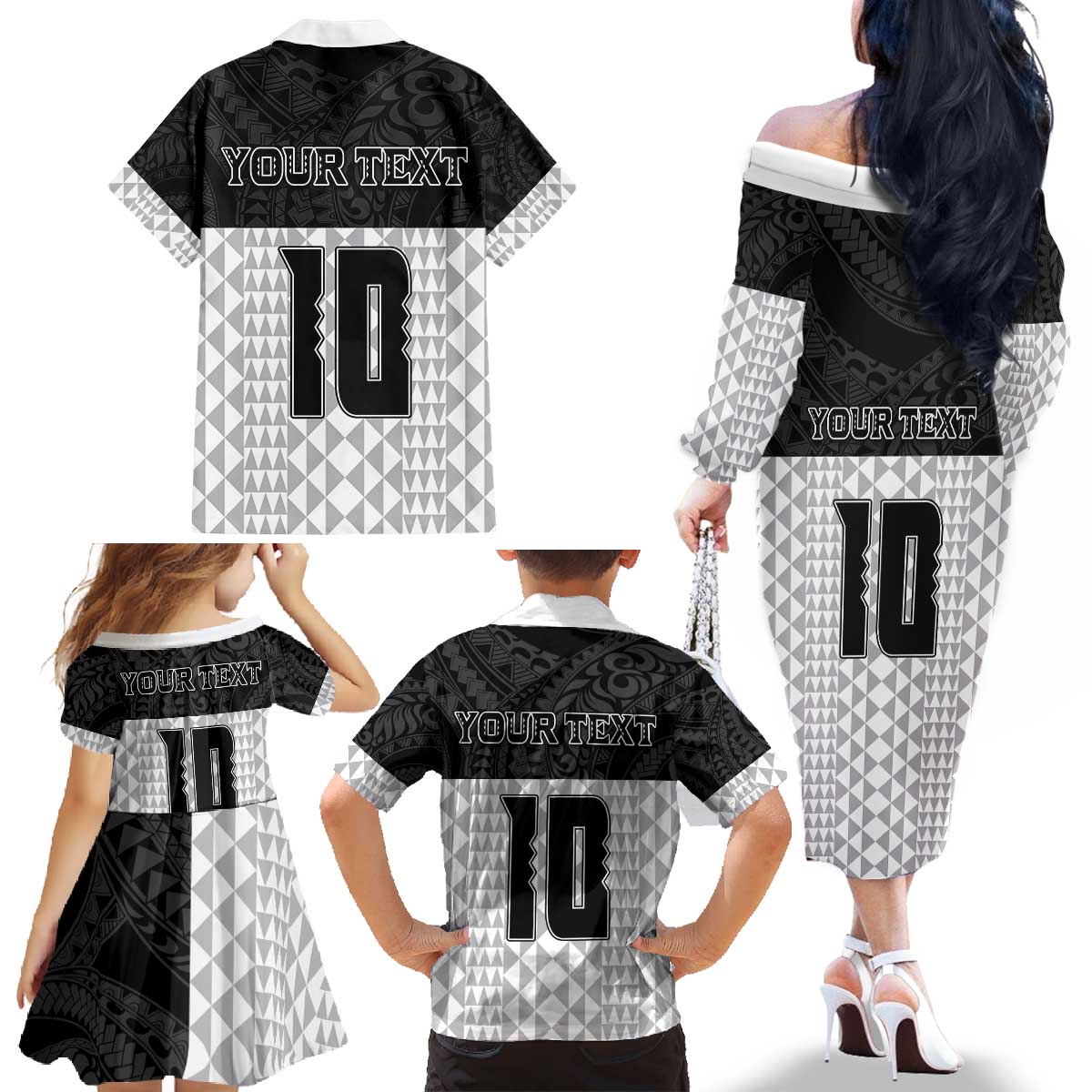 Custom Hawaii Volleyball-Kakau Motif Grayscale Color Family Matching Off The Shoulder Long Sleeve Dress and Hawaiian Shirt LT03 - Polynesian Pride