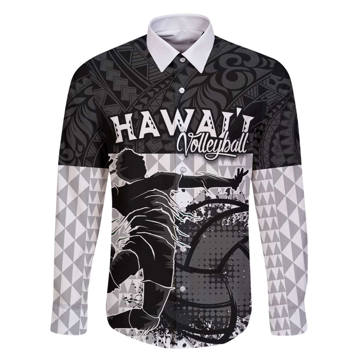 Custom Hawaii Volleyball-Kakau Motif Grayscale Color Family Matching Off The Shoulder Long Sleeve Dress and Hawaiian Shirt LT03 Dad's Shirt - Long Sleeve Black - Polynesian Pride