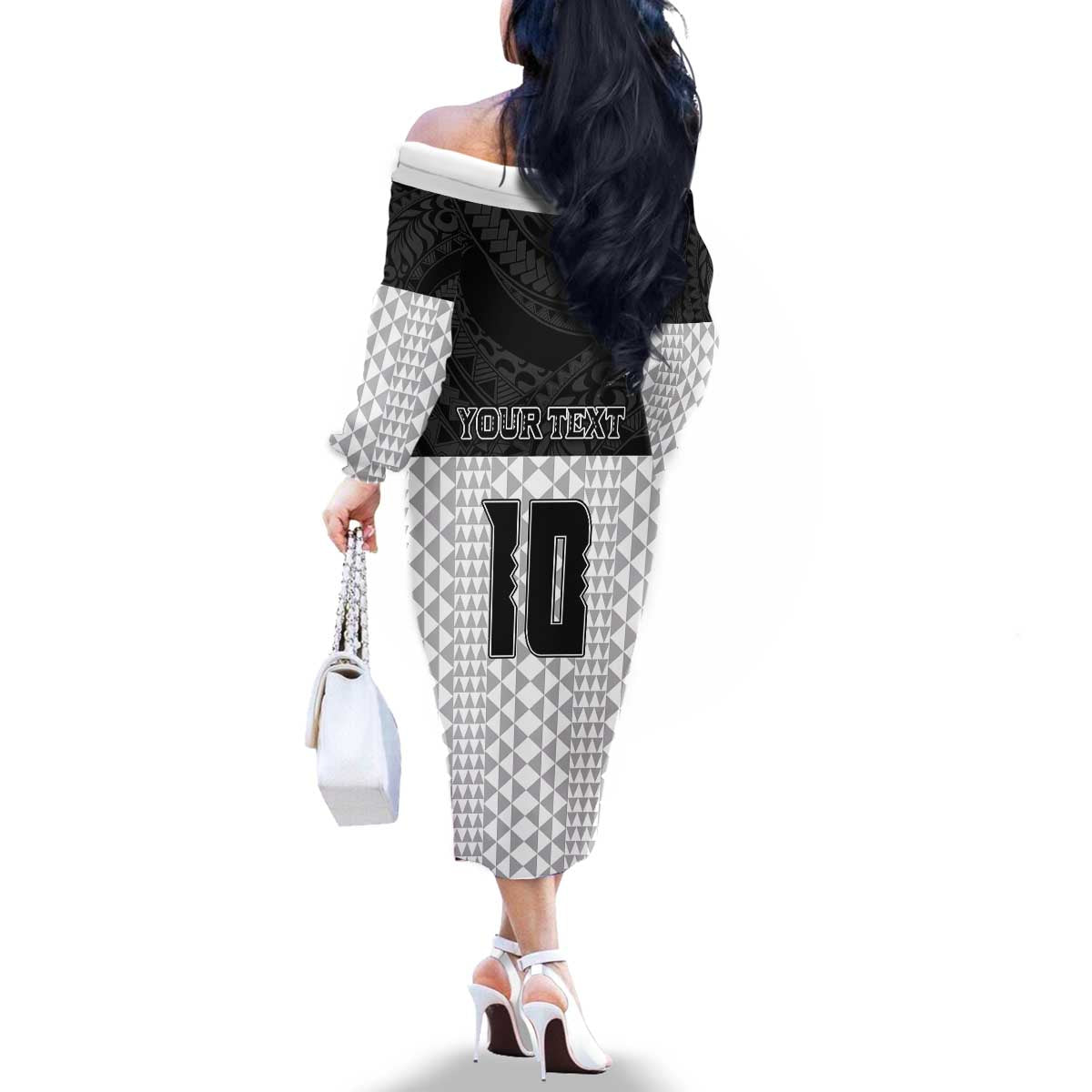 Custom Hawaii Volleyball-Kakau Motif Grayscale Color Family Matching Off The Shoulder Long Sleeve Dress and Hawaiian Shirt LT03 - Polynesian Pride