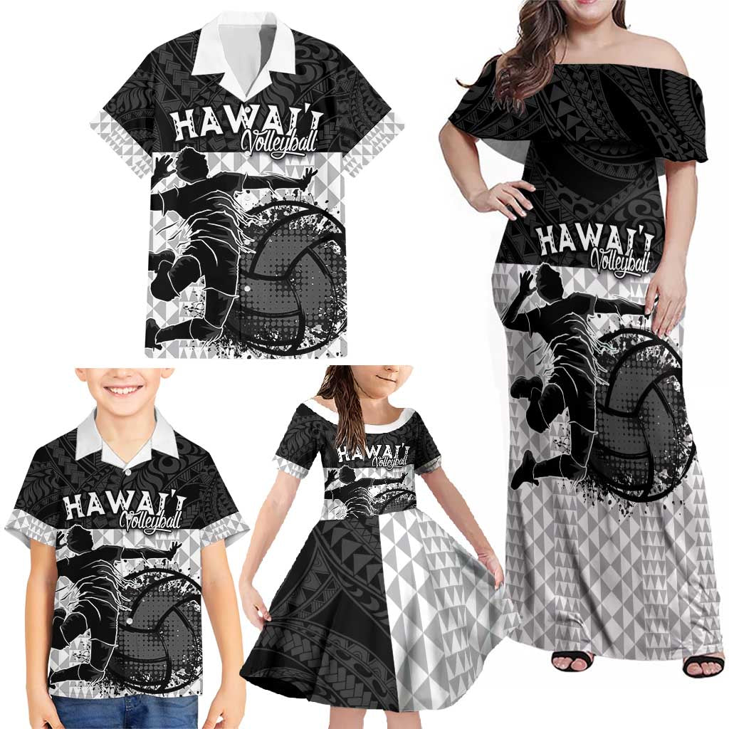 Custom Hawaii Volleyball-Kakau Motif Grayscale Color Family Matching Off Shoulder Maxi Dress and Hawaiian Shirt LT03 - Polynesian Pride