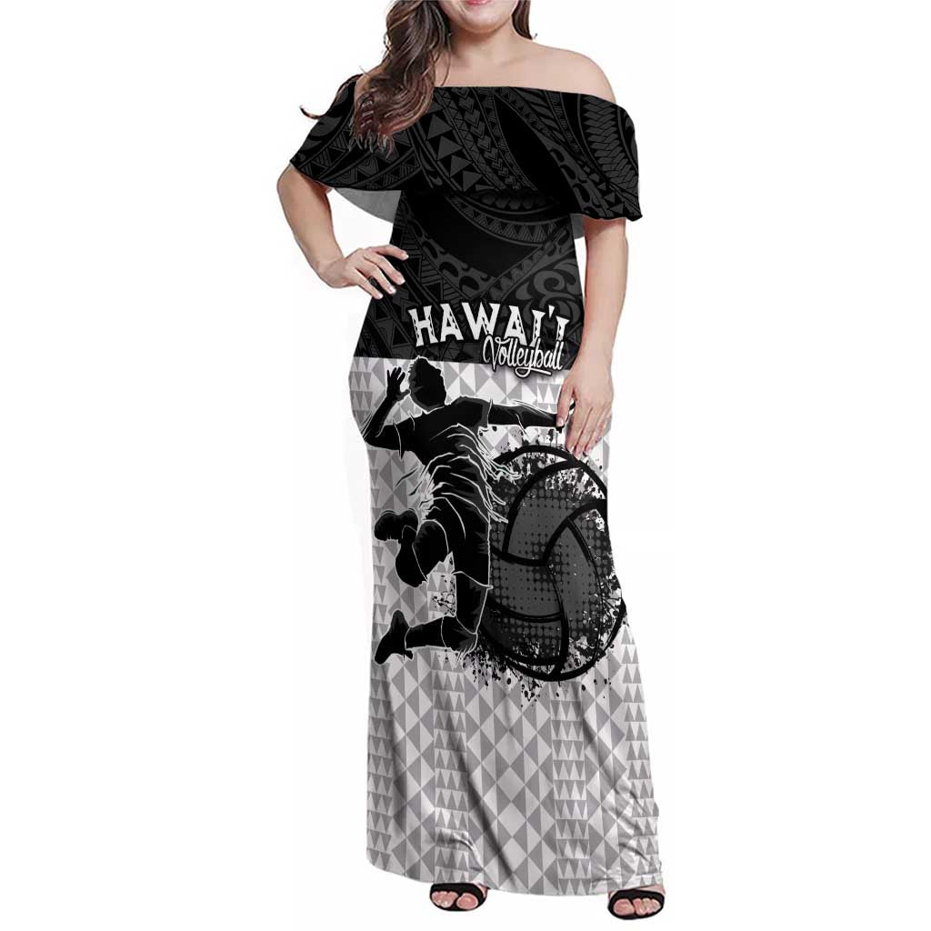 Custom Hawaii Volleyball-Kakau Motif Grayscale Color Family Matching Off Shoulder Maxi Dress and Hawaiian Shirt LT03 Mom's Dress Black - Polynesian Pride