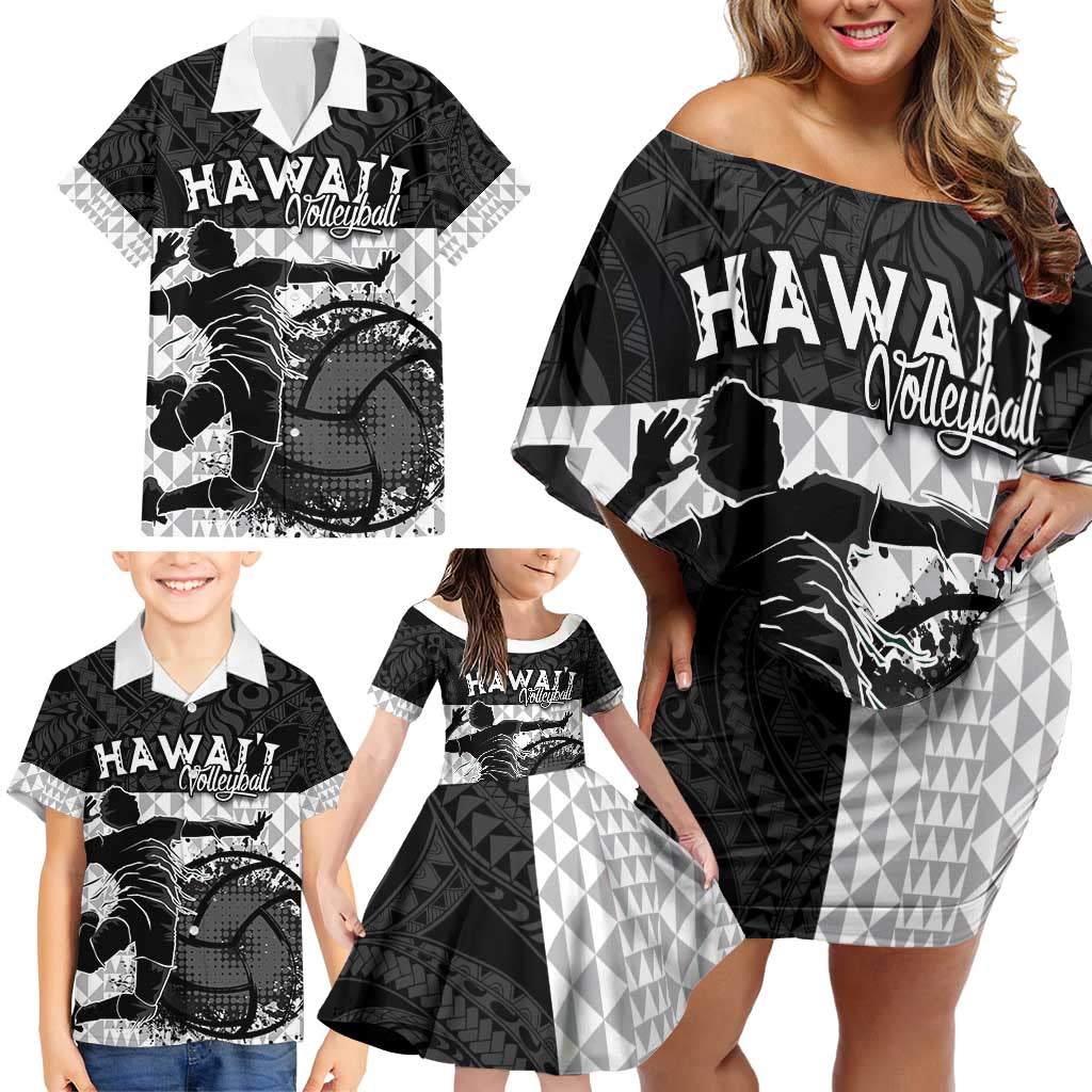 Custom Hawaii Volleyball-Kakau Motif Grayscale Color Family Matching Off Shoulder Short Dress and Hawaiian Shirt LT03 - Polynesian Pride