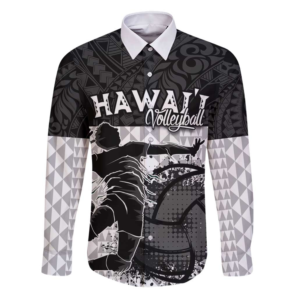 Custom Hawaii Volleyball-Kakau Motif Grayscale Color Family Matching Off Shoulder Short Dress and Hawaiian Shirt LT03 Dad's Shirt - Long Sleeve Black - Polynesian Pride