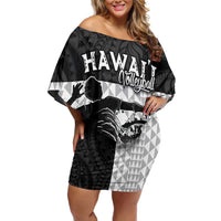 Custom Hawaii Volleyball-Kakau Motif Grayscale Color Family Matching Off Shoulder Short Dress and Hawaiian Shirt LT03 Mom's Dress Black - Polynesian Pride