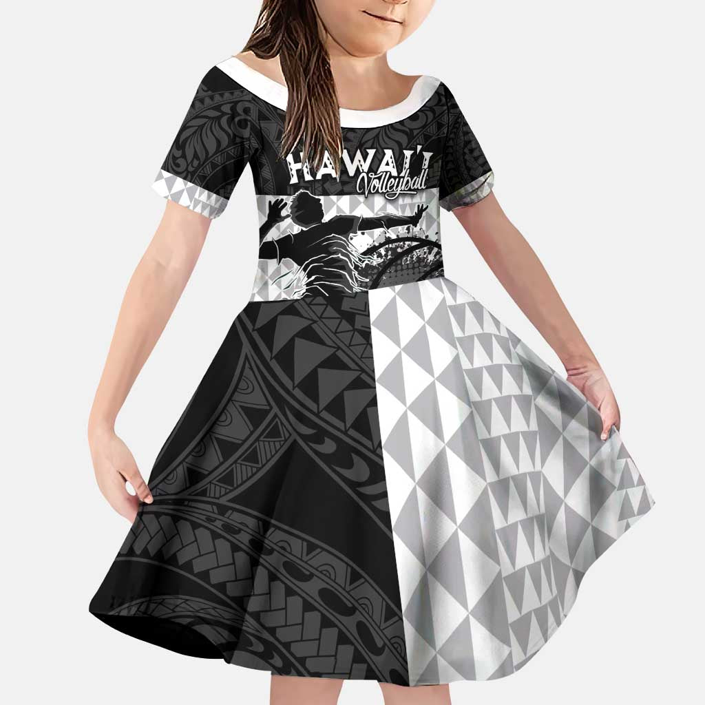 Custom Hawaii Volleyball-Kakau Motif Grayscale Color Family Matching Puletasi and Hawaiian Shirt LT03 Daughter's Dress Black - Polynesian Pride