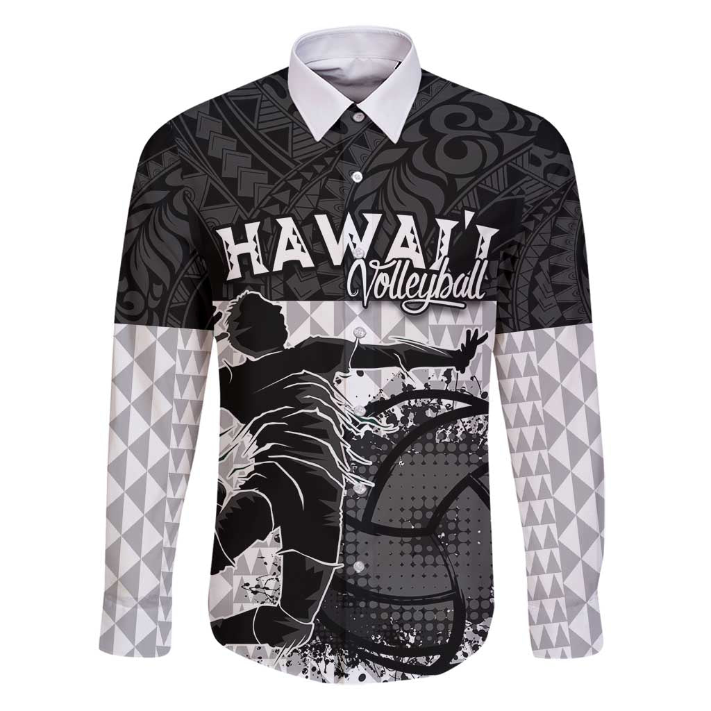 Custom Hawaii Volleyball-Kakau Motif Grayscale Color Family Matching Puletasi and Hawaiian Shirt LT03 Dad's Shirt - Long Sleeve Black - Polynesian Pride