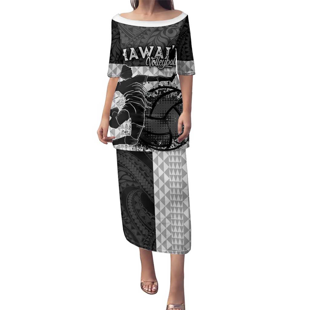 Custom Hawaii Volleyball-Kakau Motif Grayscale Color Family Matching Puletasi and Hawaiian Shirt LT03 Mom's Dress Black - Polynesian Pride