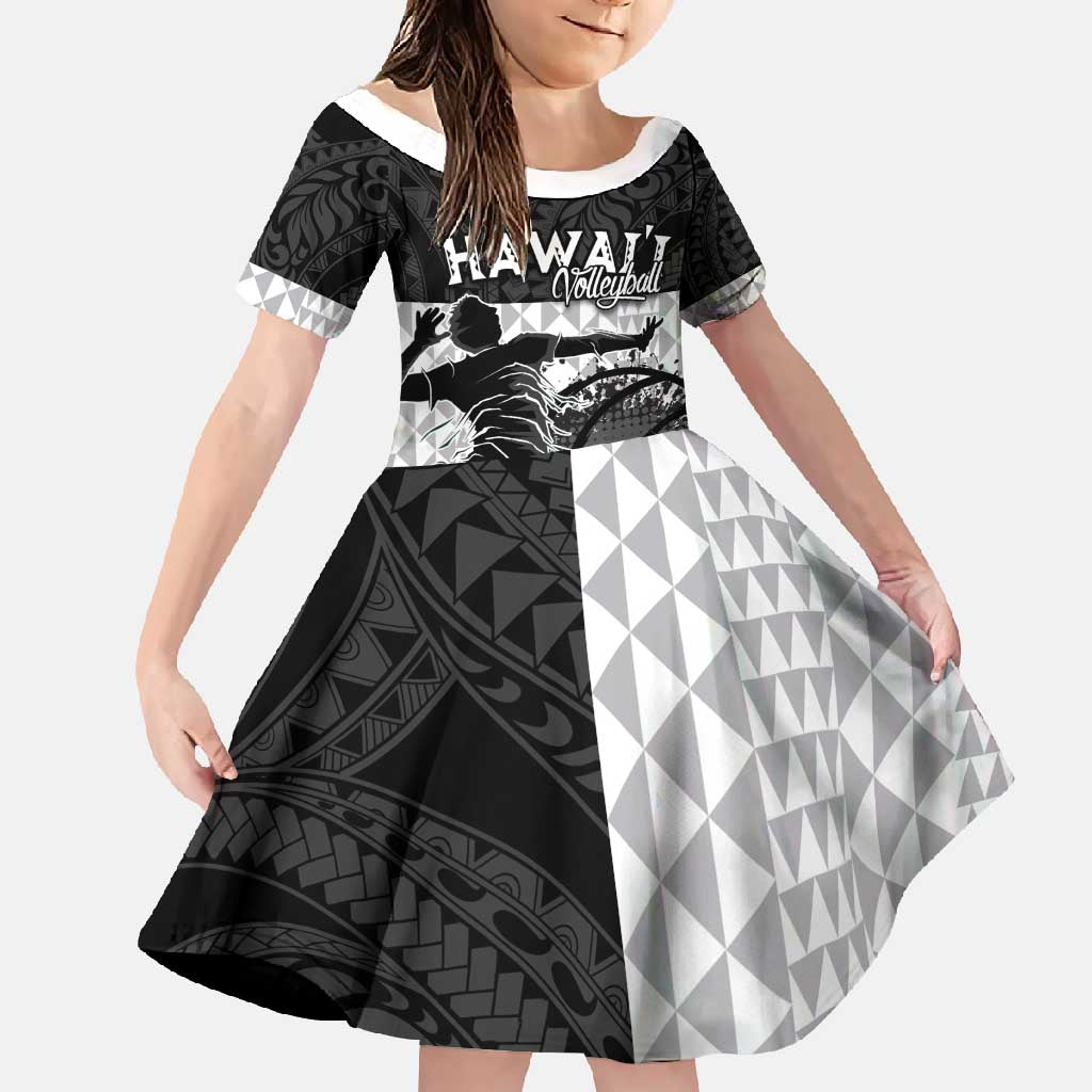 Custom Hawaii Volleyball-Kakau Motif Grayscale Color Family Matching Summer Maxi Dress and Hawaiian Shirt LT03 Daughter's Dress Black - Polynesian Pride