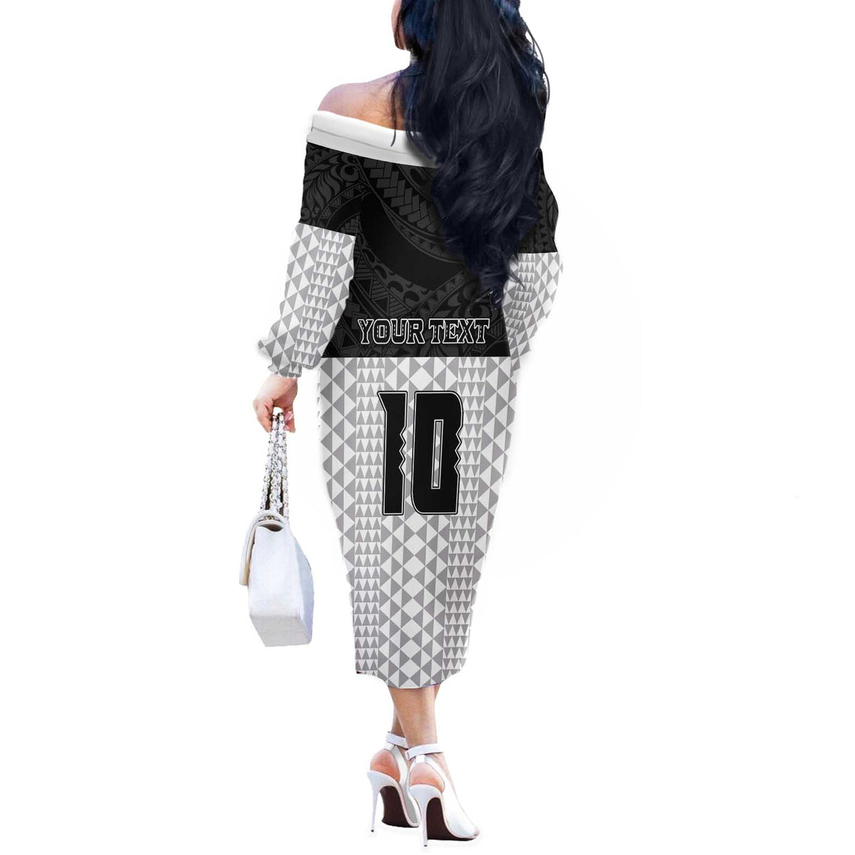 Custom Hawaii Volleyball-Kakau Motif Grayscale Color Off The Shoulder Long Sleeve Dress LT03 - Polynesian Pride