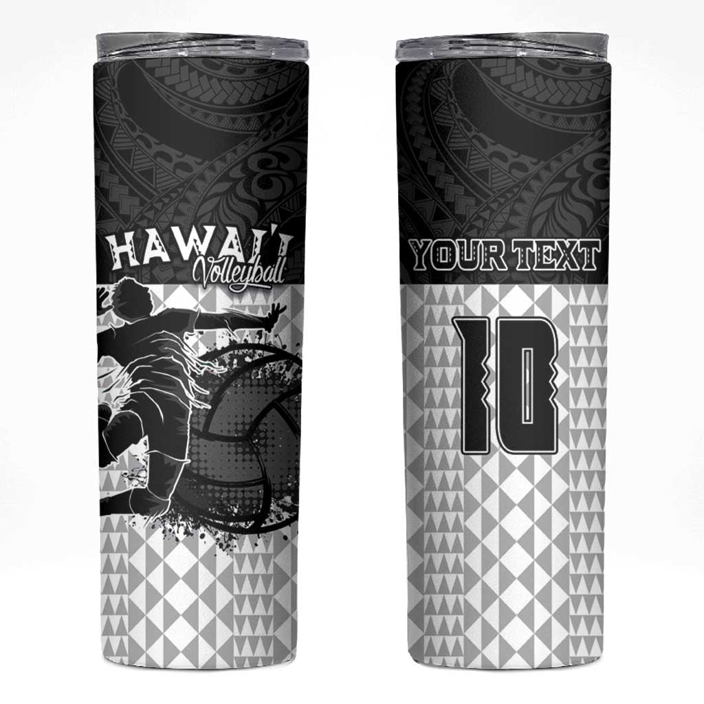 Custom Hawaii Volleyball-Kakau Motif Grayscale Color Skinny Tumbler LT03 Black - Polynesian Pride