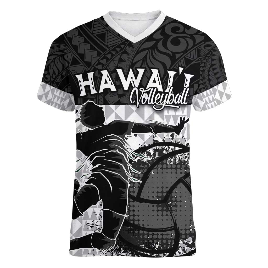 Custom Hawaii Volleyball-Kakau Motif Grayscale Color Women V-Neck T-Shirt LT03 Female Black - Polynesian Pride
