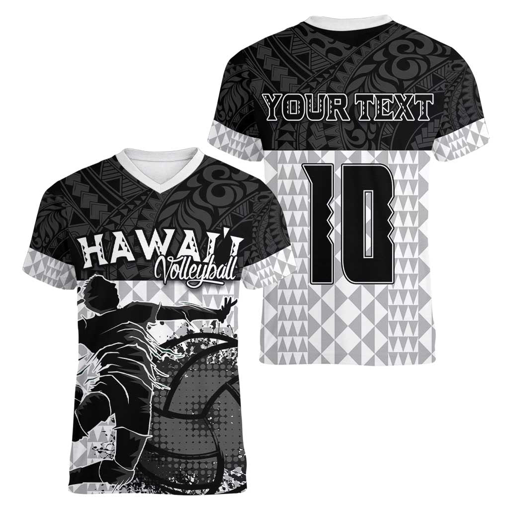 Custom Hawaii Volleyball-Kakau Motif Grayscale Color Women V-Neck T-Shirt LT03 - Polynesian Pride