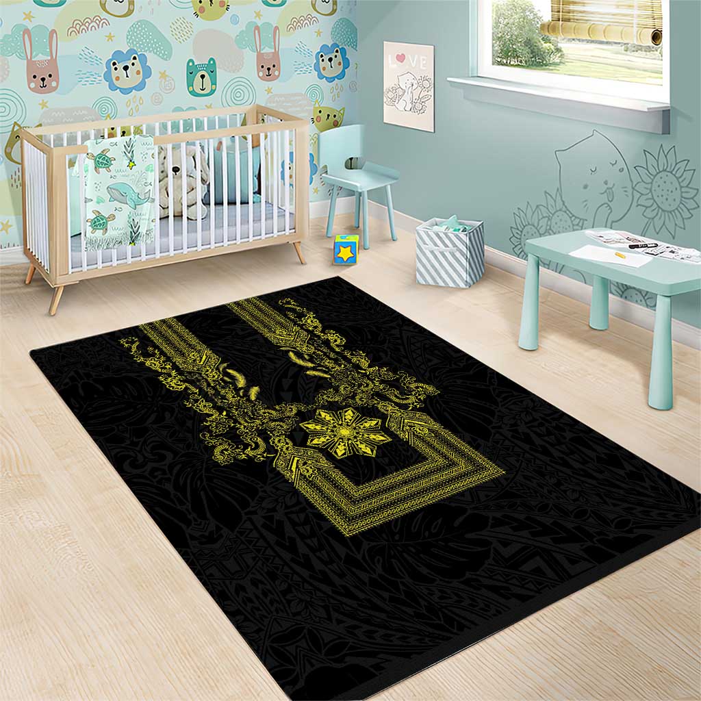 Philippines Barong Style Area Rug with Polynesian Art and Leaf Motif Black-Gold Color
