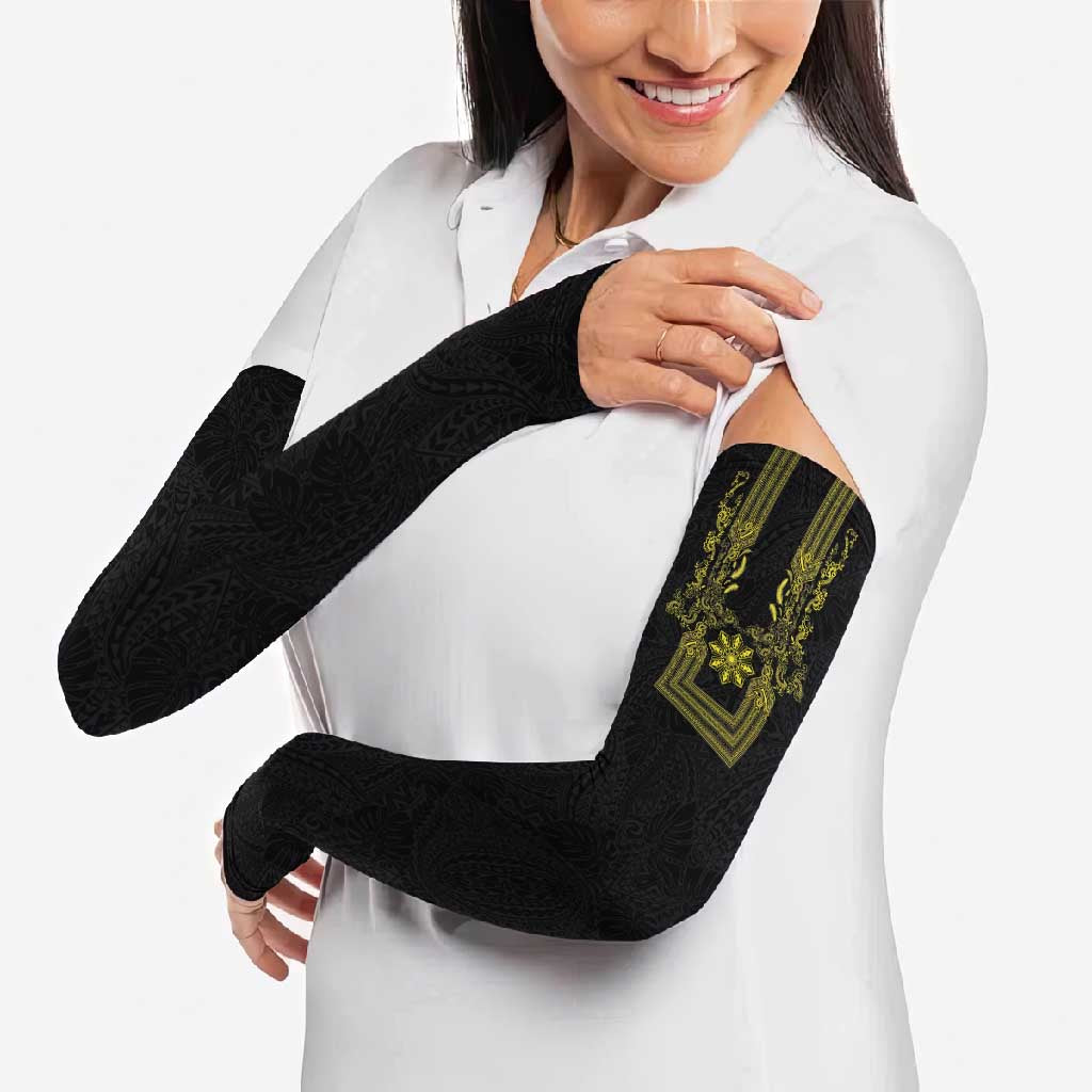 Philippines Barong Style Arm Sleeves with Polynesian Art and Leaf Motif Black-Gold Color