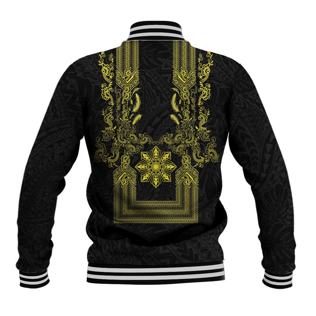 Philippines Barong Style Baseball Jacket with Polynesian Art and Leaf Motif Black-Gold Color