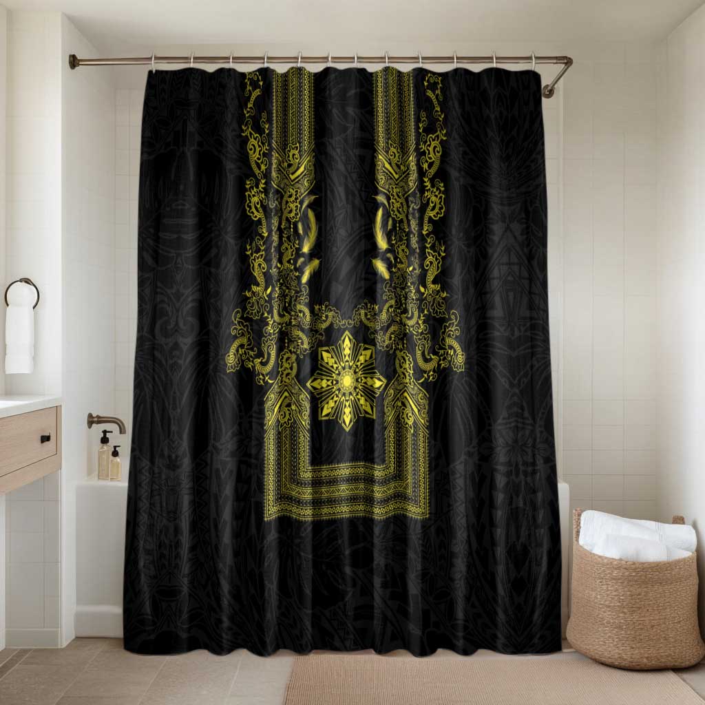 Philippines Barong Style Bathroom Set with Polynesian Art and Leaf Motif Black-Gold Color