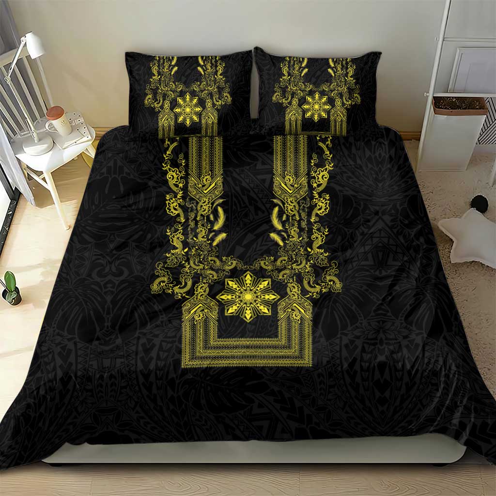 Philippines Barong Style Bedding Set with Polynesian Art and Leaf Motif Black-Gold Color LT03 - Polynesian Pride