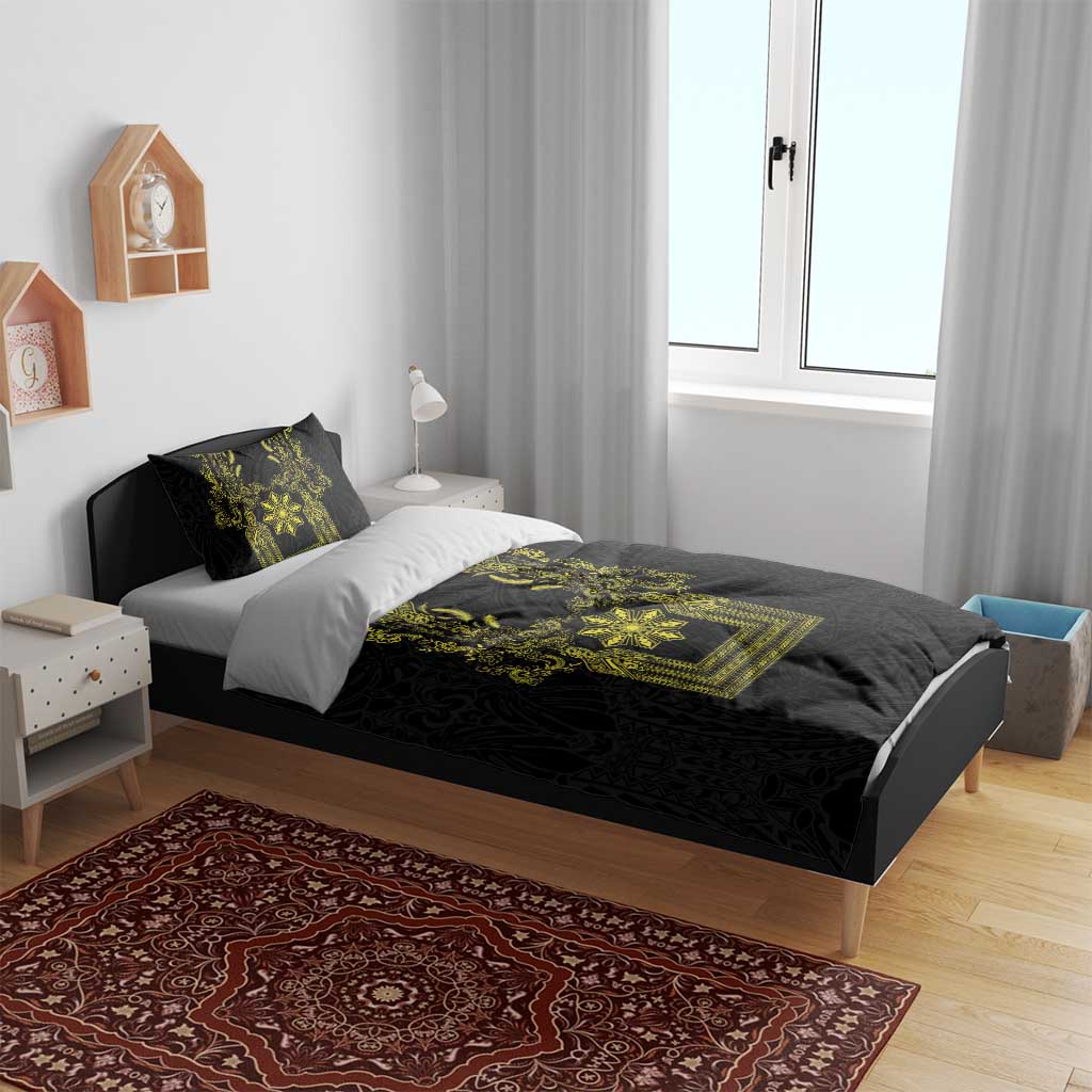 Philippines Barong Style Bedding Set with Polynesian Art and Leaf Motif Black-Gold Color LT03 - Polynesian Pride