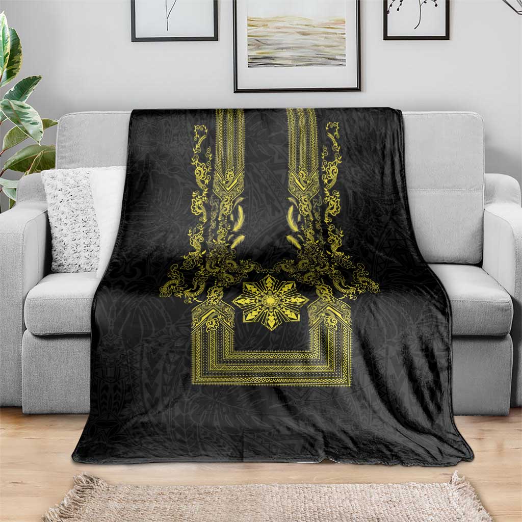 Philippines Barong Style Blanket with Polynesian Art and Leaf Motif Black-Gold Color