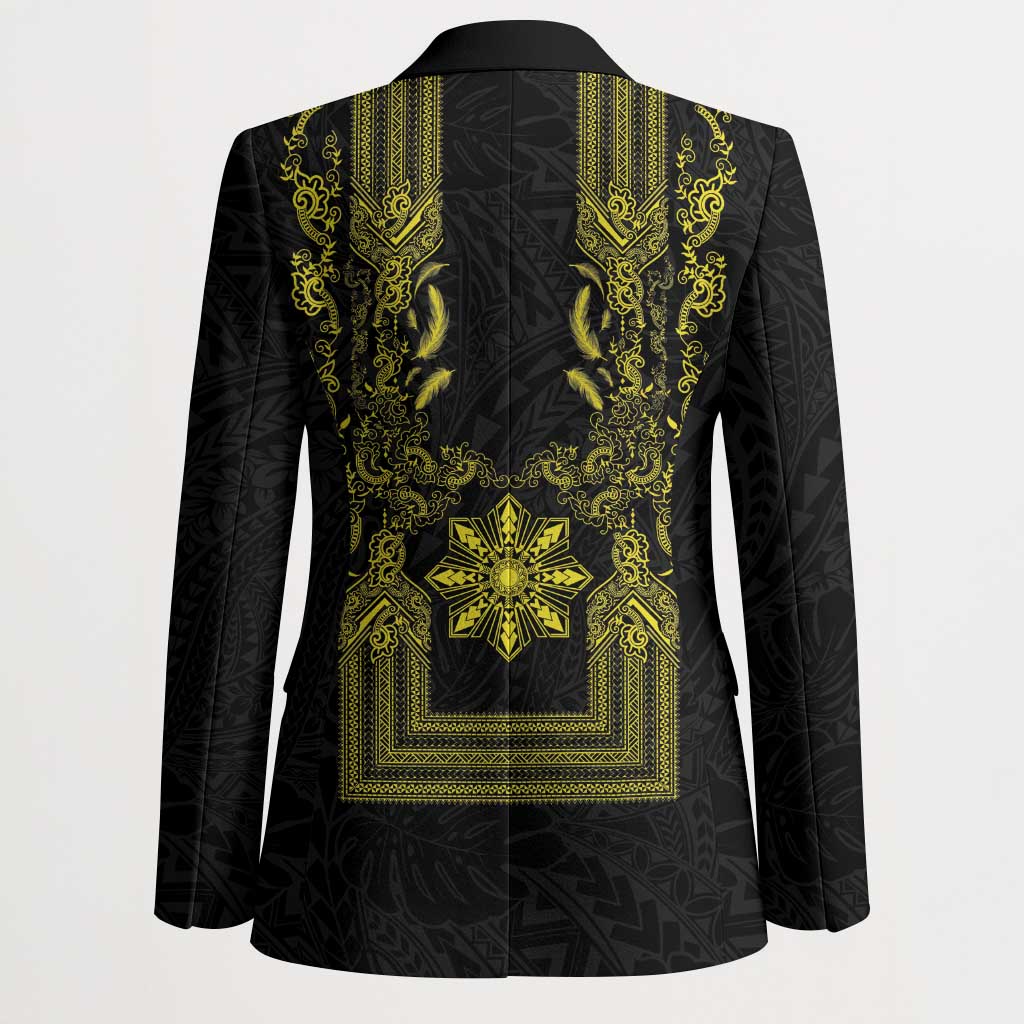 Philippines Barong Style Blazer with Polynesian Art and Leaf Motif Black-Gold Color