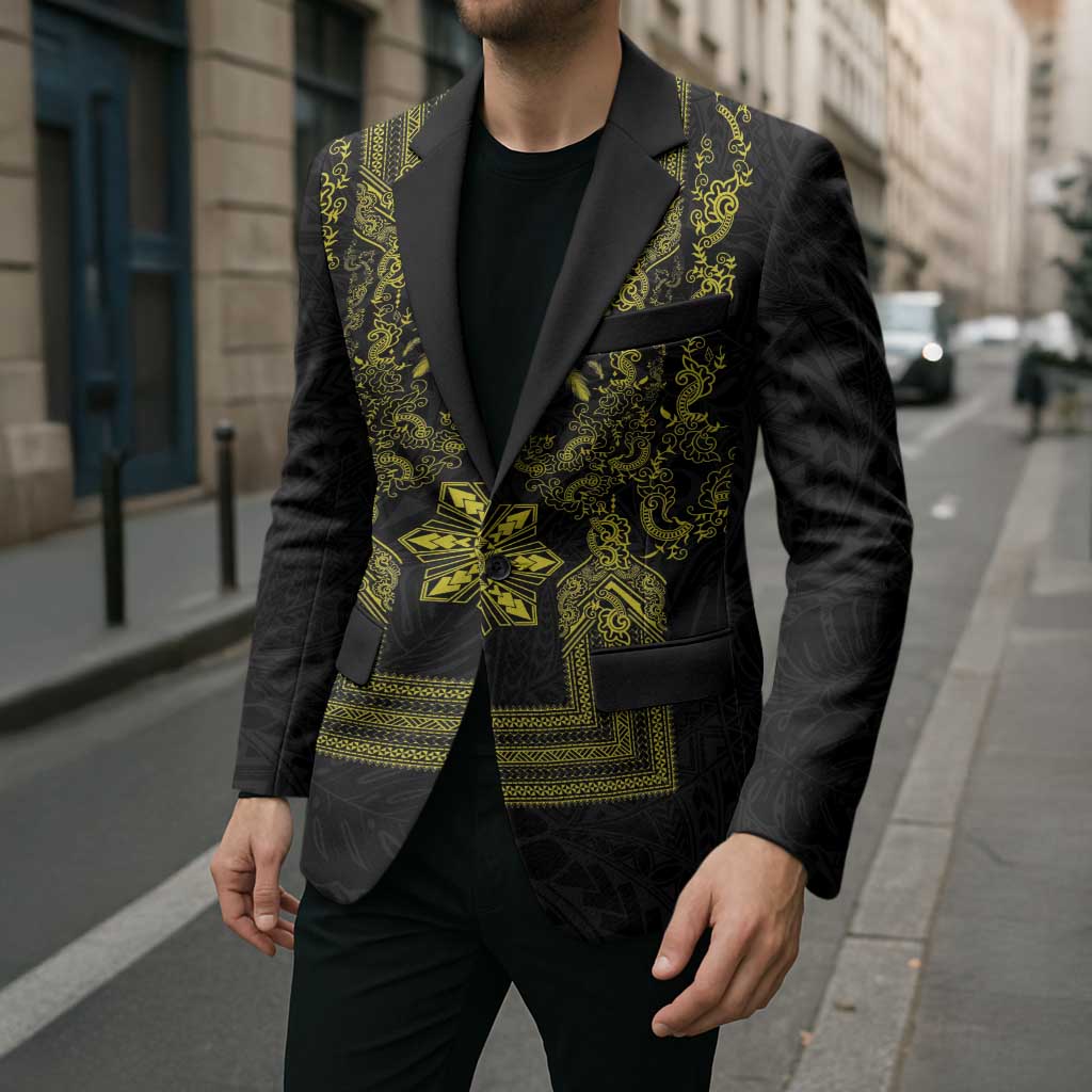 Philippines Barong Style Blazer with Polynesian Art and Leaf Motif Black-Gold Color