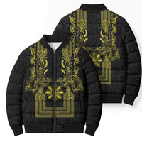 Philippines Barong Style Bomber Puffer Jacket with Polynesian Art and Leaf Motif Black-Gold Color