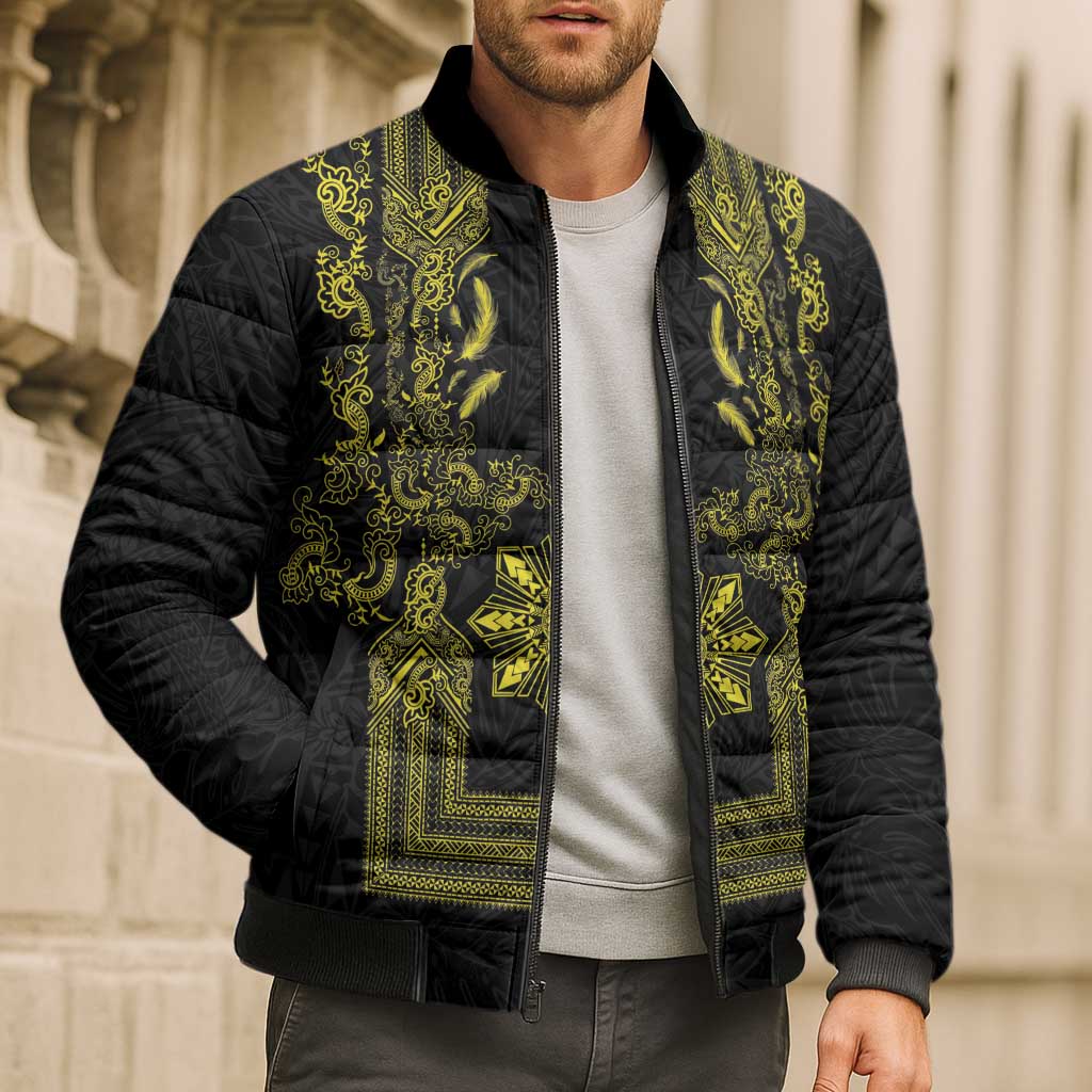 Philippines Barong Style Bomber Puffer Jacket with Polynesian Art and Leaf Motif Black-Gold Color