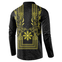 Philippines Barong Style Button Sweatshirt with Polynesian Art and Leaf Motif Black-Gold Color