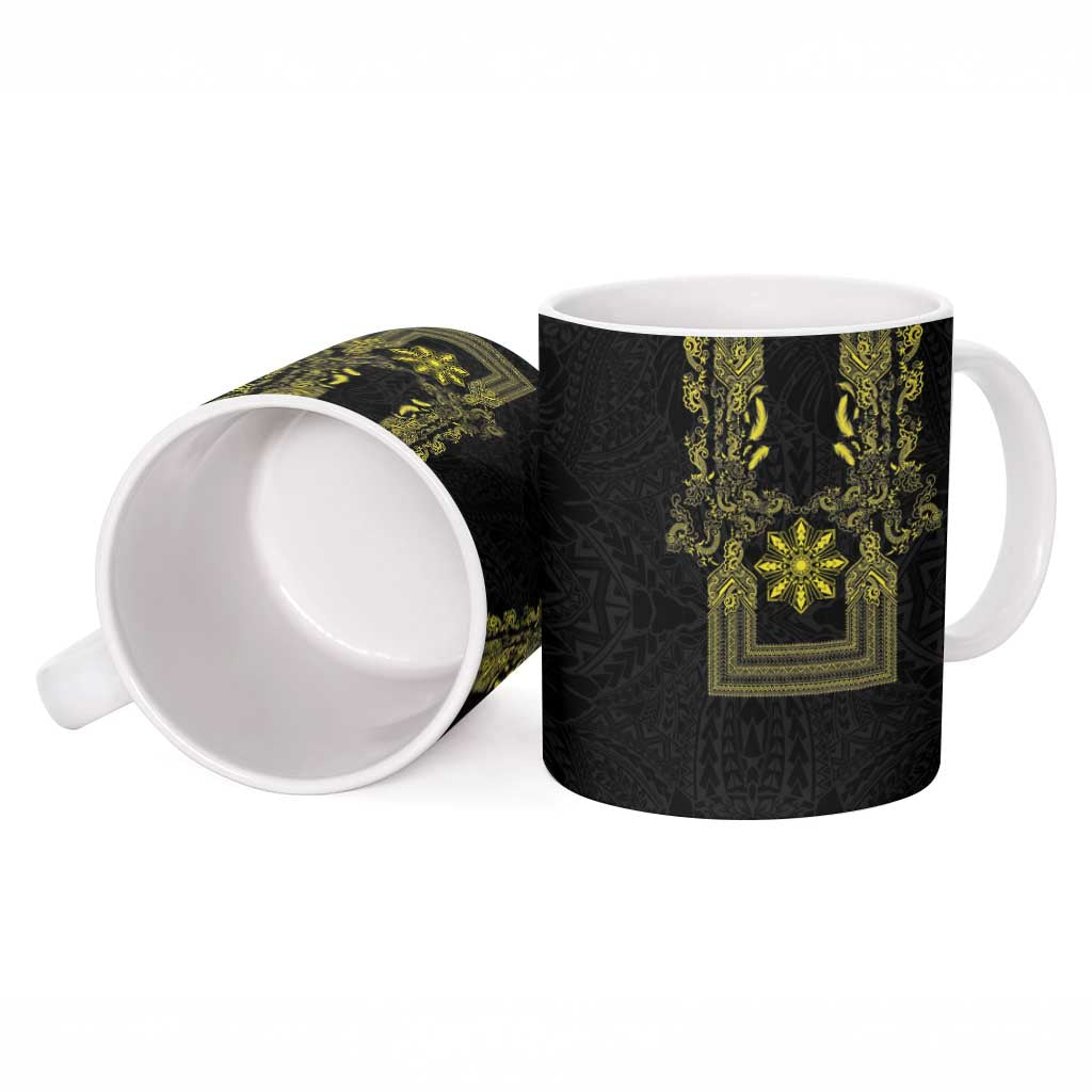 Philippines Barong Style Ceramic Mug with Polynesian Art and Leaf Motif Black-Gold Color