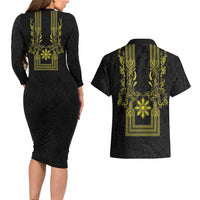 Philippines Barong Style Couples Matching Long Sleeve Bodycon Dress and Hawaiian Shirt with Polynesian Art and Leaf Motif Black-Gold Color LT03 - Polynesian Pride