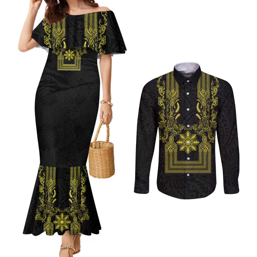 Philippines Barong Style Couples Matching Mermaid Dress and Long Sleeve Button Shirt with Polynesian Art and Leaf Motif Black-Gold Color