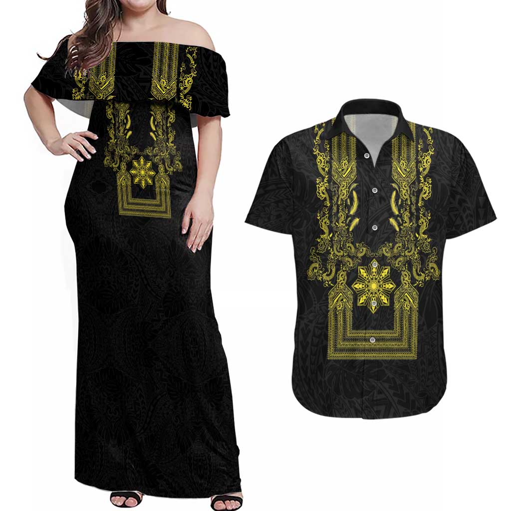 Philippines Barong Style Couples Matching Off Shoulder Maxi Dress and Hawaiian Shirt with Polynesian Art and Leaf Motif Black-Gold Color LT03 Black - Polynesian Pride
