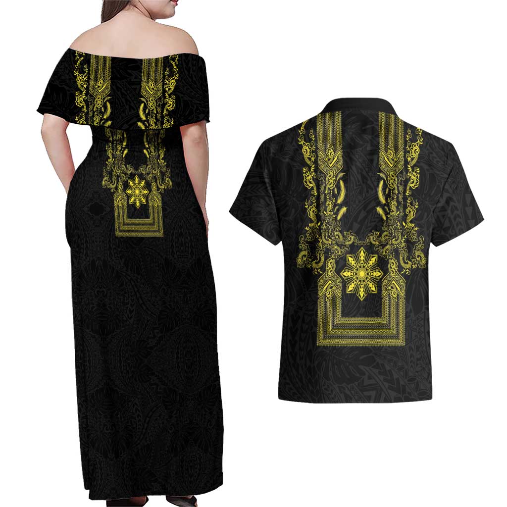 Philippines Barong Style Couples Matching Off Shoulder Maxi Dress and Hawaiian Shirt with Polynesian Art and Leaf Motif Black-Gold Color LT03 - Polynesian Pride