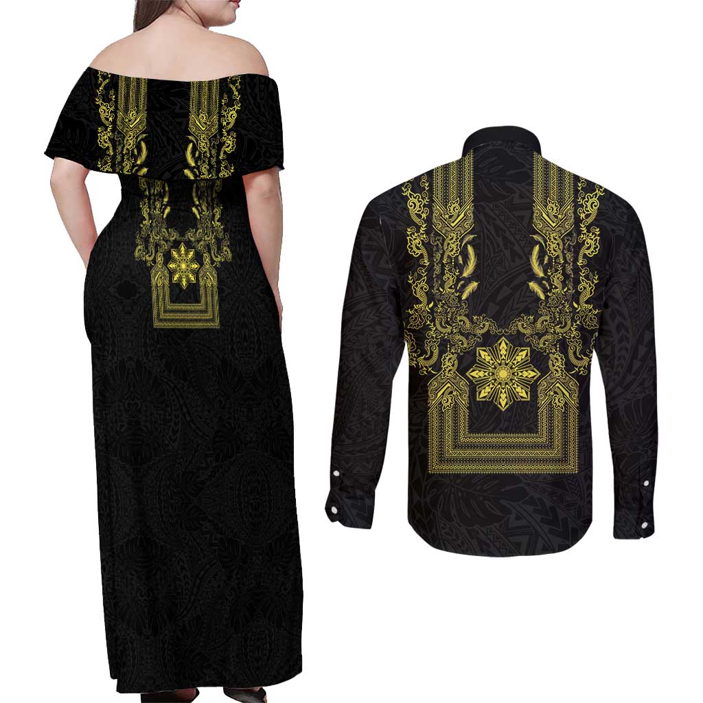 Philippines Barong Style Couples Matching Off Shoulder Maxi Dress and Long Sleeve Button Shirt with Polynesian Art and Leaf Motif Black-Gold Color LT03 - Polynesian Pride