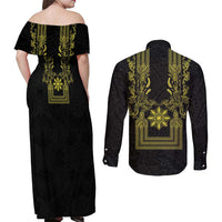 Philippines Barong Style Couples Matching Off Shoulder Maxi Dress and Long Sleeve Button Shirt with Polynesian Art and Leaf Motif Black-Gold Color LT03 - Polynesian Pride