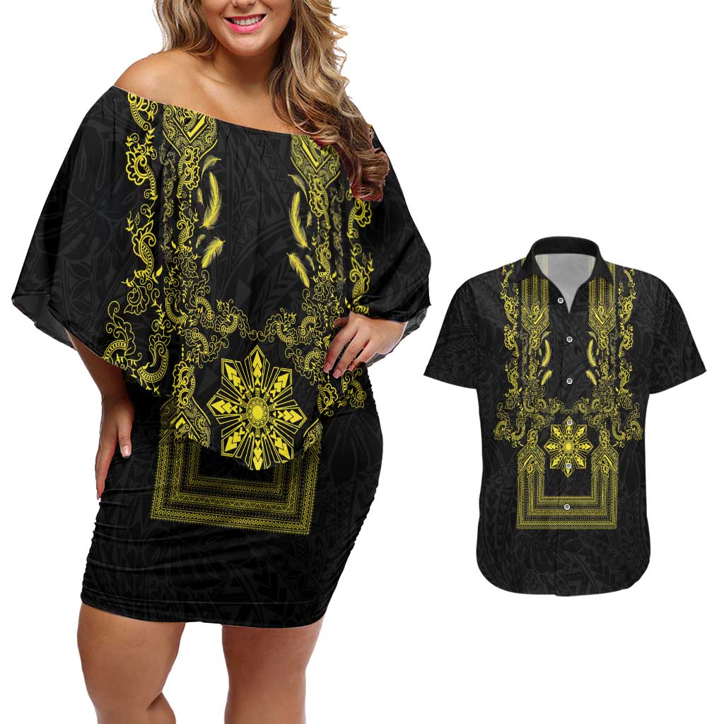 Philippines Barong Style Couples Matching Off Shoulder Short Dress and Hawaiian Shirt with Polynesian Art and Leaf Motif Black-Gold Color LT03 Black - Polynesian Pride
